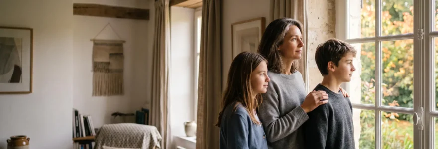 Une famille française réunie dans un salon lumineux, symbolisant la protection financière transmise après un décès