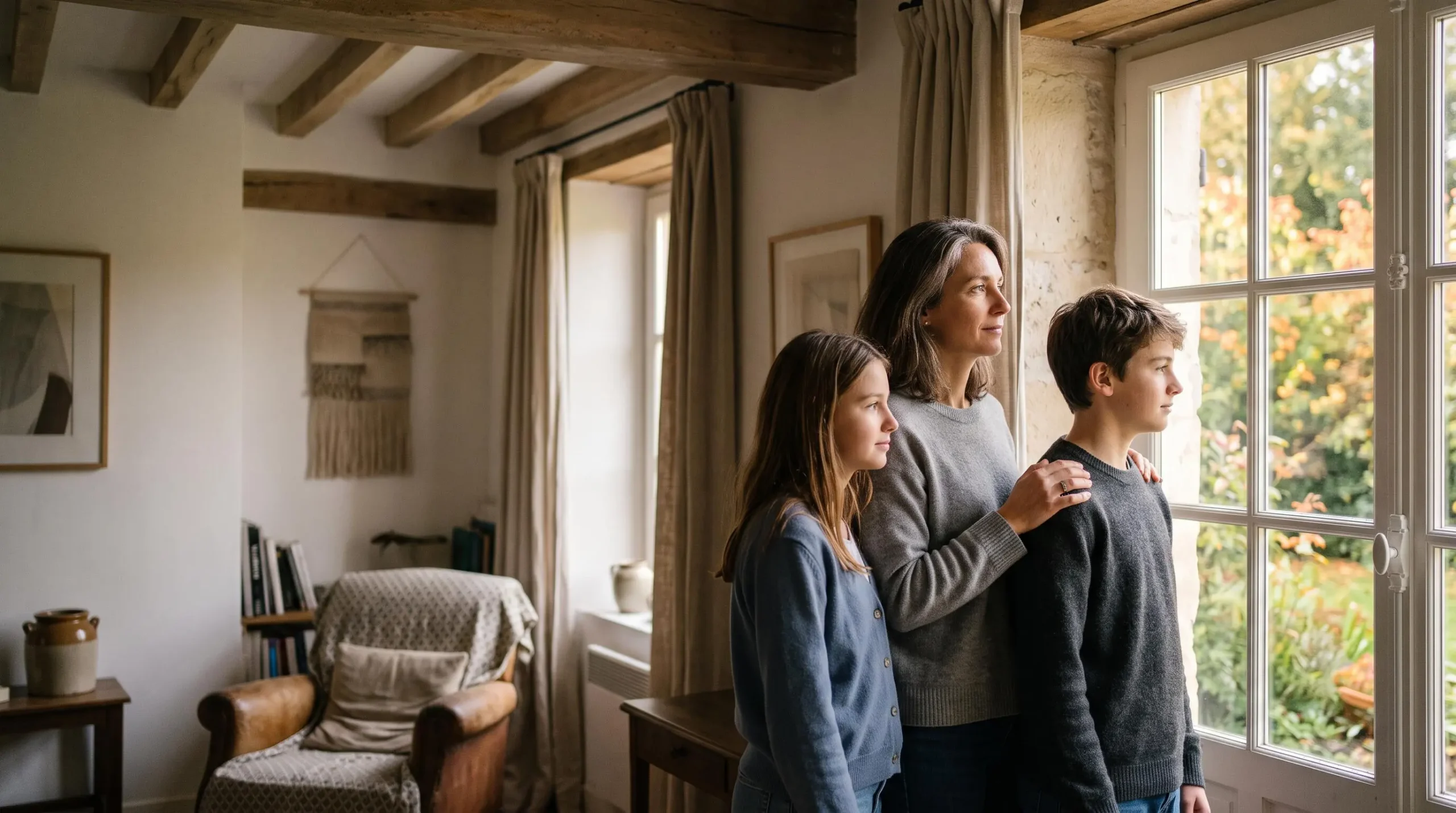 Une famille française réunie dans un salon lumineux, symbolisant la protection financière transmise après un décès