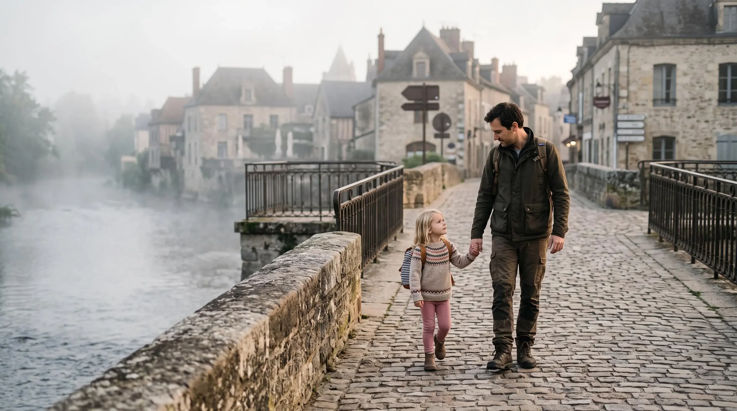 Pere de famille tenant la main de son jeune enfant sur un pont au lever du jour, symbole de protection et de transmission