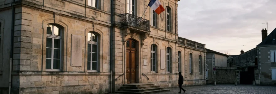 Facade d'une mairie francaise en fin de journee, symbole du lieu ou déclarer un deces