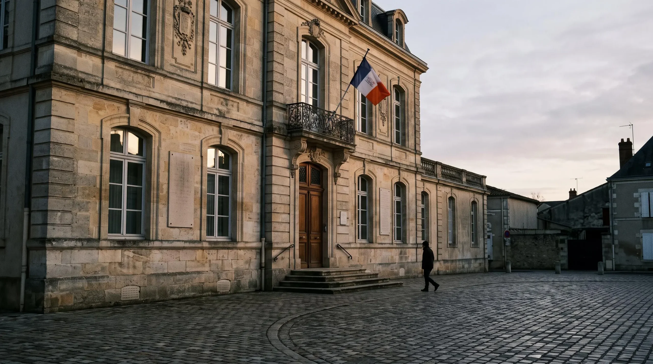 Facade d'une mairie francaise en fin de journee, symbole du lieu ou déclarer un deces