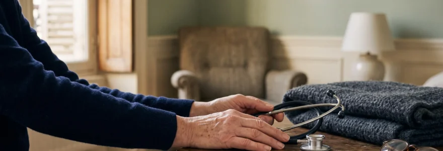 Un medecin recueilli au chevet d'un patient dans un appartement francais, symbolisant le moment de la constatation d'un deces et la remise du certificat medical.