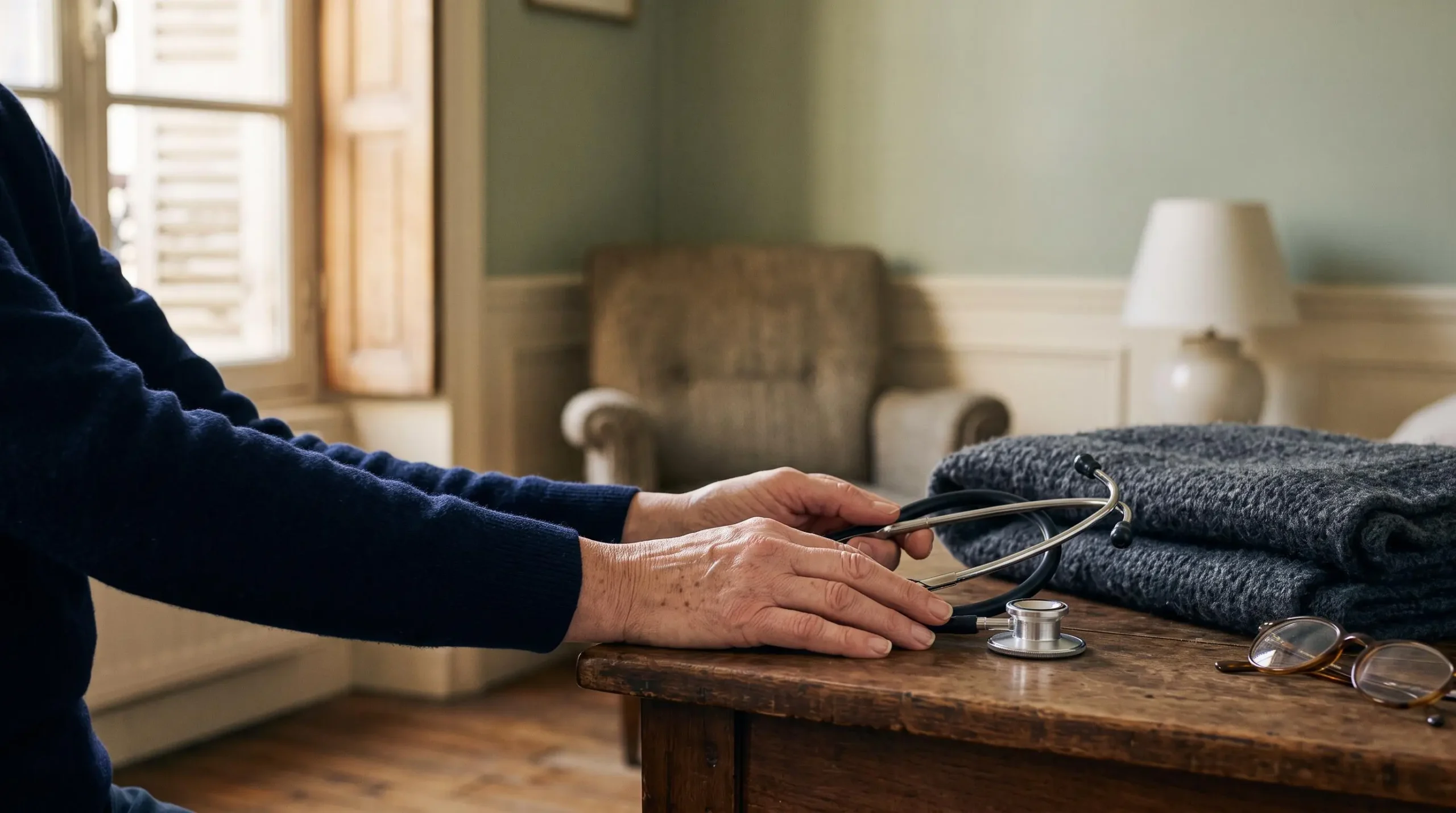 Un medecin recueilli au chevet d'un patient dans un appartement francais, symbolisant le moment de la constatation d'un deces et la remise du certificat medical.