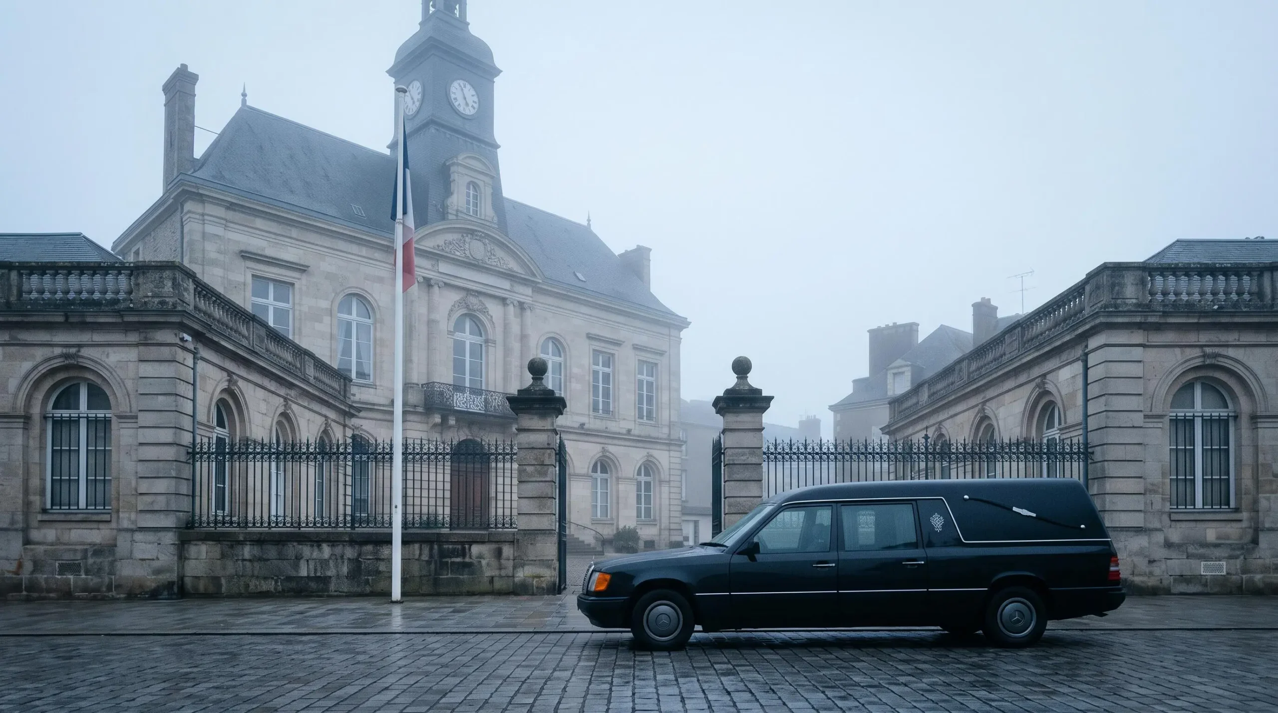 Corbillard stationné devant une mairie française au lever du jour, symbolisant l'encadrement administratif du transport funéraire