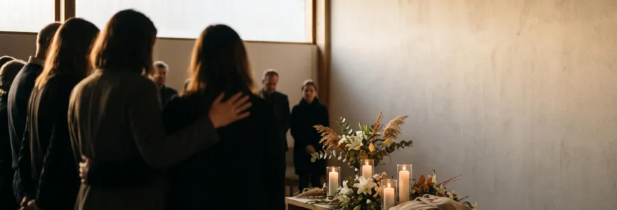 Assemblée recueillie autour d'une table ornée de bougies et de fleurs lors d'une cérémonie funéraire en hommage à un défunt