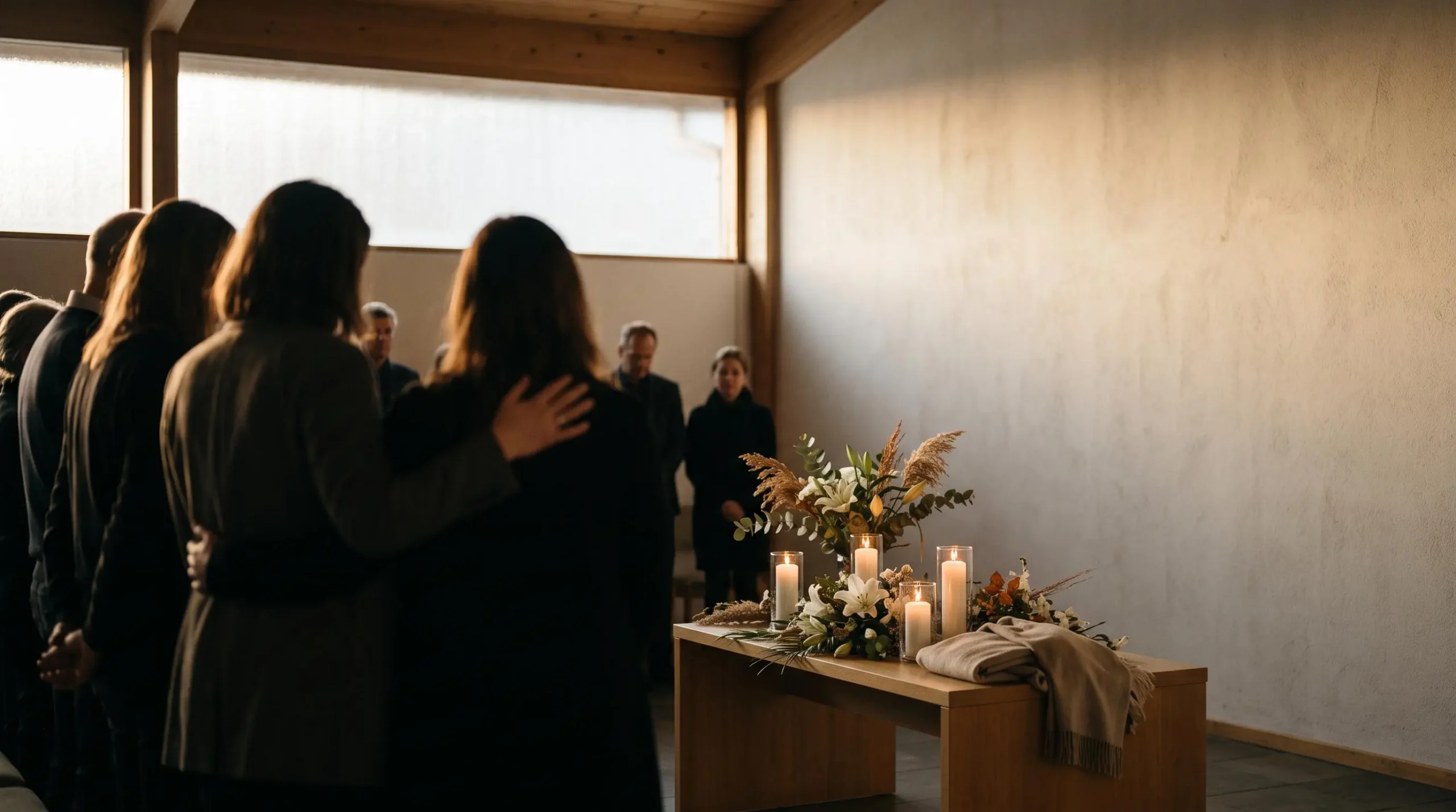 Assemblée recueillie autour d'une table ornée de bougies et de fleurs lors d'une cérémonie funéraire en hommage à un défunt