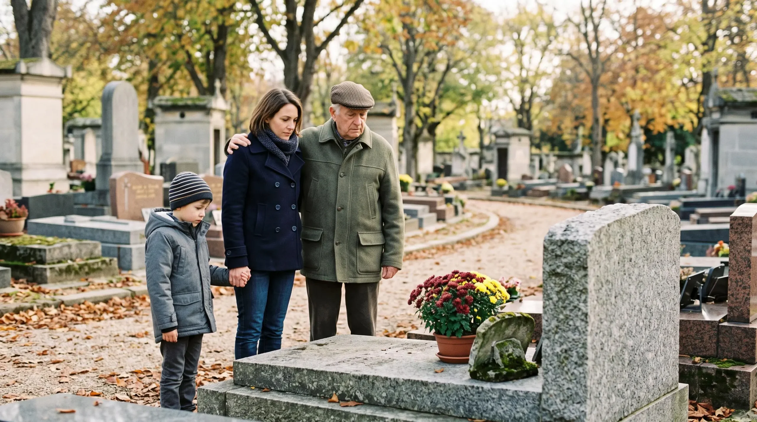 Une famille sur plusieurs générations se recueillant devant un caveau familial en granit dans un cimetière français