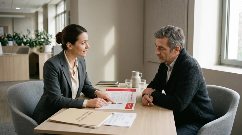 Bank advisor consulting with a family member about searching for a funeral contract in a French bank branch. Bank advisor consulting with a family member about searching for a funeral contract in a French bank branch.