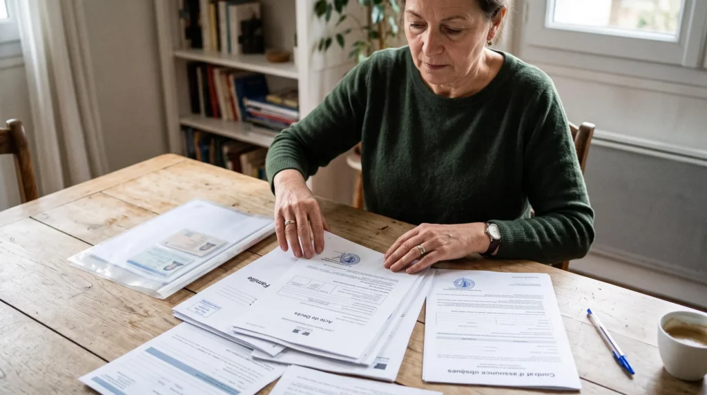 Person organizing French administrative documents required for funeral contract fund release on a table. Person organizing French administrative documents required for funeral contract fund release on a table.