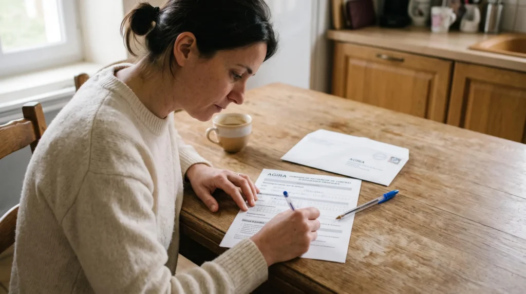 Person completing an AGIRA administrative form for funeral contract search at a home table. Person completing an AGIRA administrative form for funeral contract search at a home table.