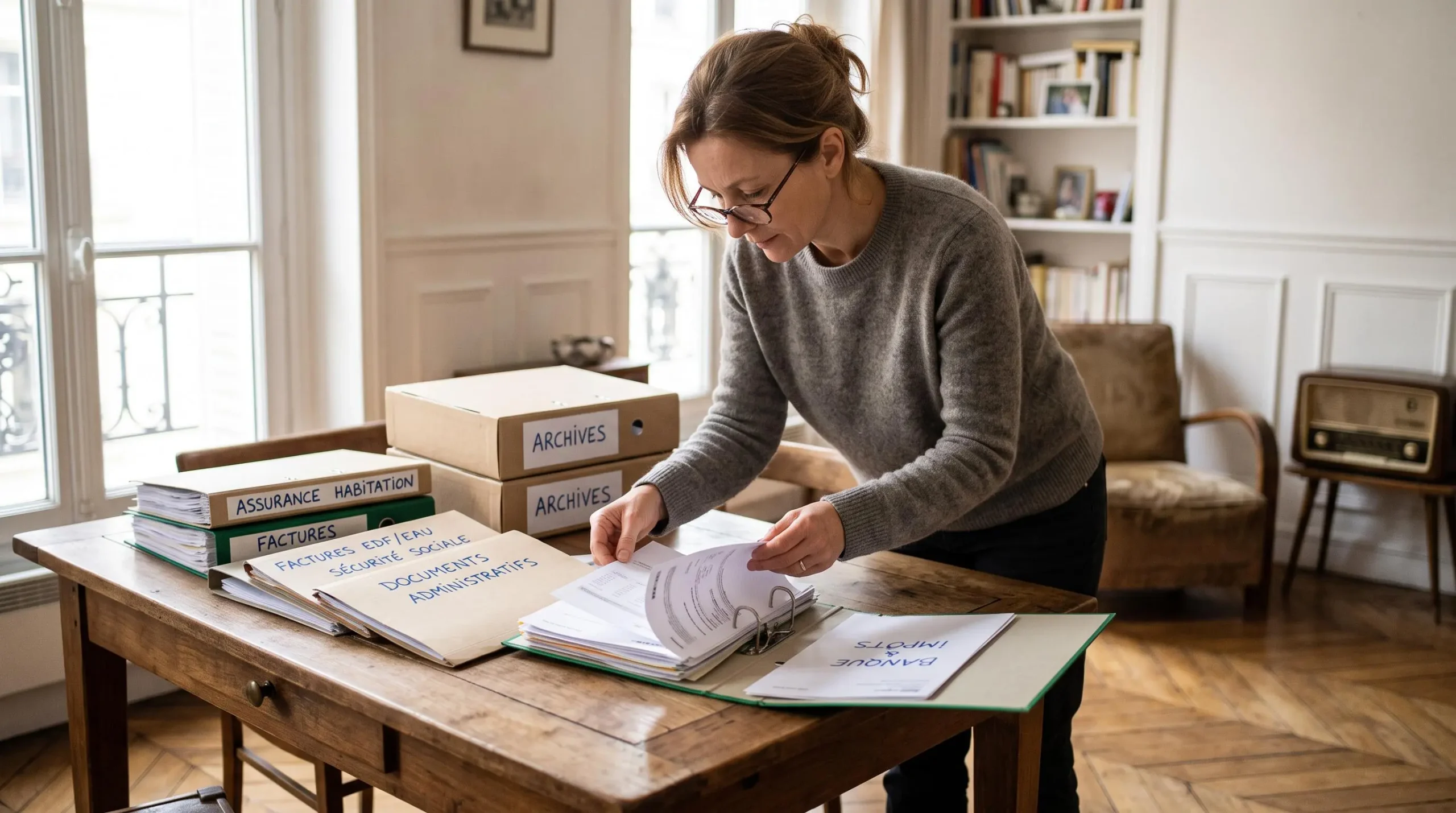 Adult family member searching through organized personal documents and folders on a table in a French home interior.
